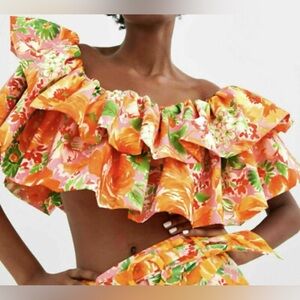 Zara Orange Floral Off-Shoulder Ruffle Crop Top